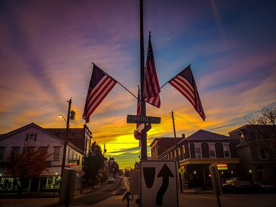 Downtown Greencastle with Flags at Sunset